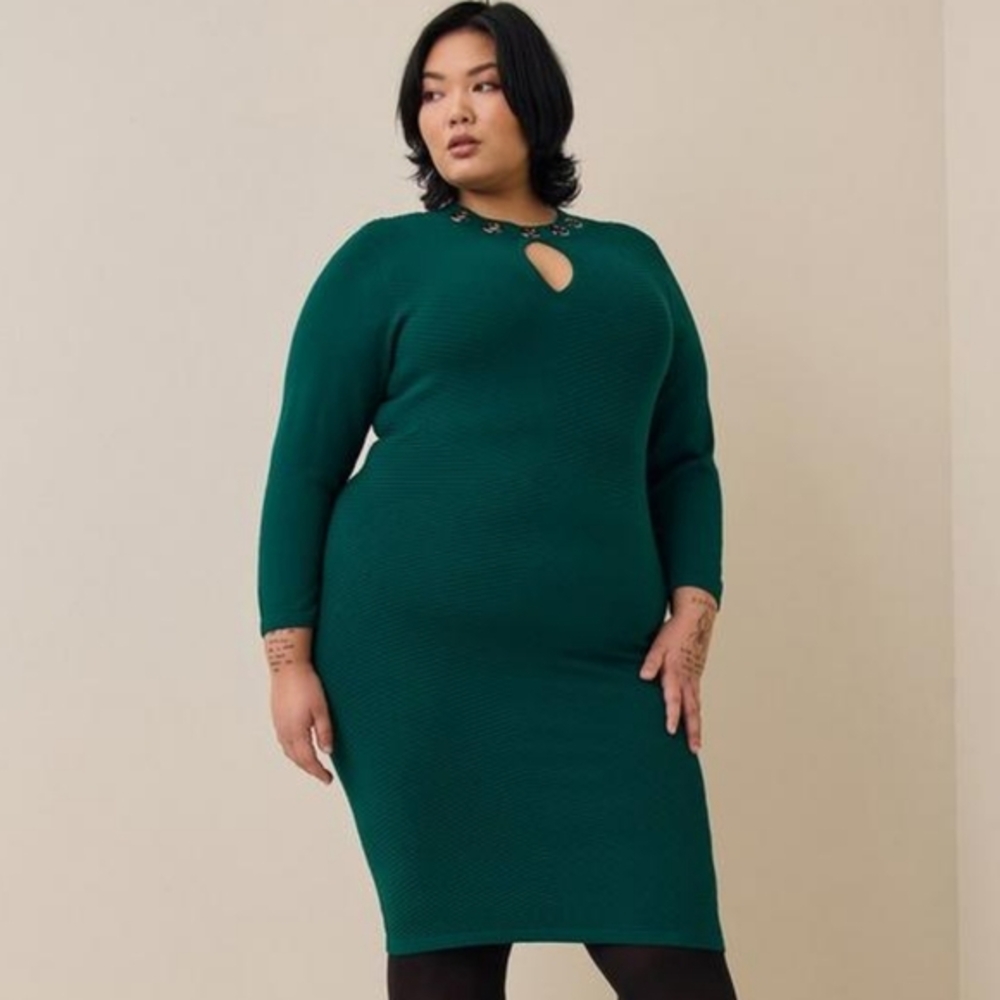 TORRID Green Bodycon Sweater Dress with Grommet Collar